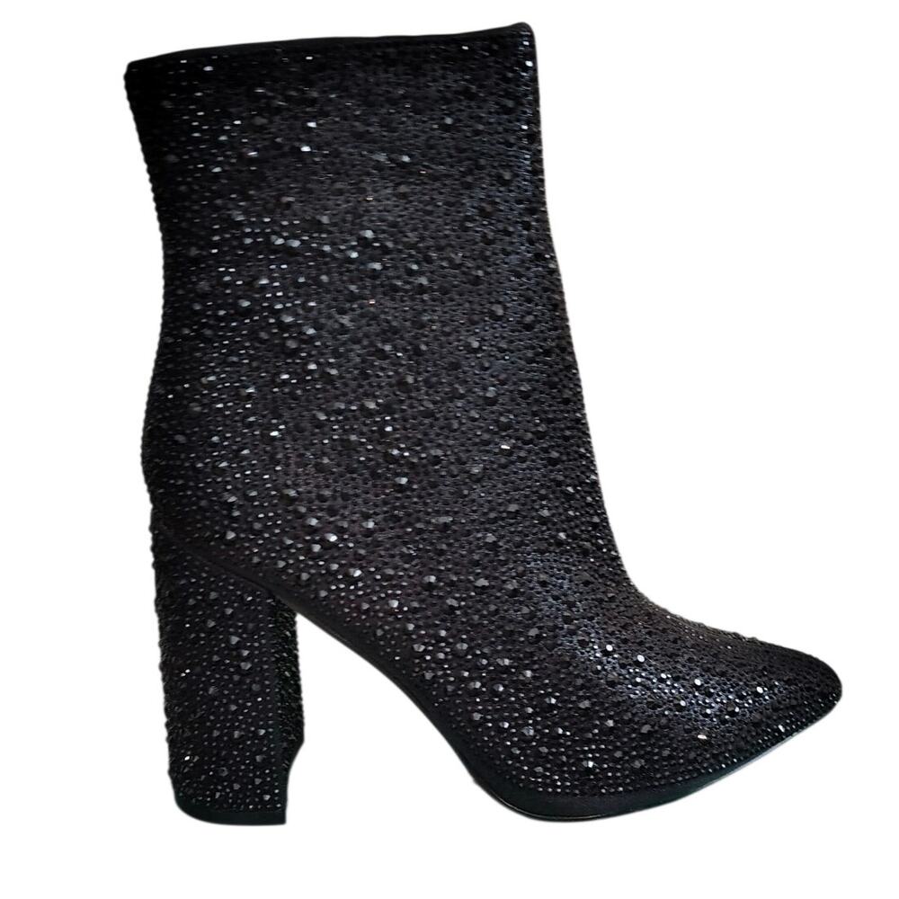 Lauren Lorraine Black Rhinestone Embellished Block Heel Ankle Boots, 6.5, NWT